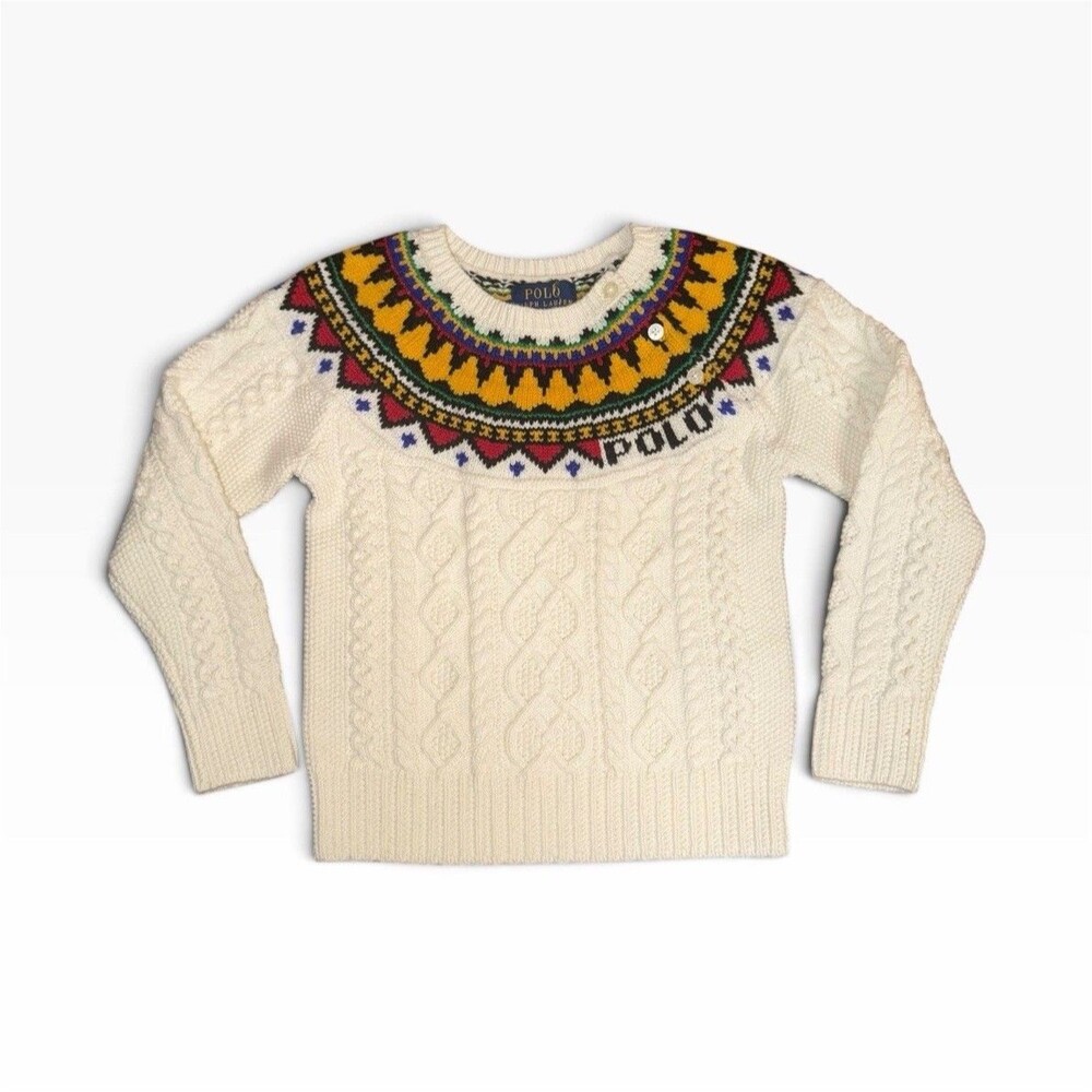 Polo Ralph Lauren Kids Cream Cable Knit Fair Isle Yoke Sweater Size 5